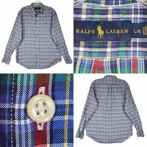 Ralph Lauren Button Up Shirt Mens Size L Blue Multicolored Plaid Long Sleeve